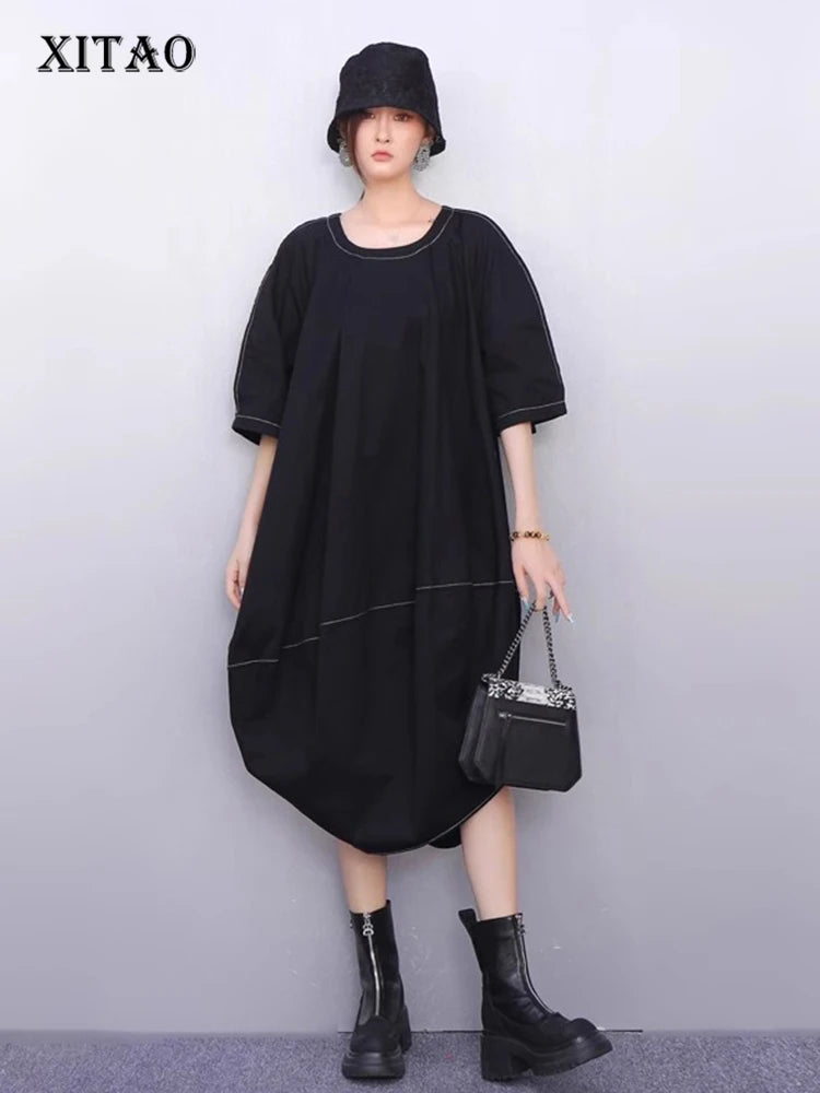 XITAO Asymmetrical O-neck Pullover Dress Solid Color Half Sleeve Patchwork Loose Slimming Casual All Match Women Dress ZMY1391