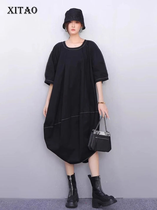 XITAO Asymmetrical O-neck Pullover Dress Solid Color Half Sleeve Patchwork Loose Slimming Casual All Match Women Dress ZMY1391
