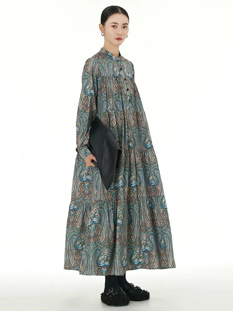 XITAO Vintage Print Loose Dress Fashion Contrast Color Patchwork Folds Women Spring New Slimming Trend Casual Dress HQQ2082