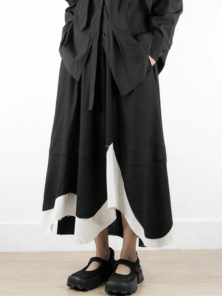 XITAO Contrast Color Asymmetrical Pocket Skirt Elastic Waist Patchwork A-line Loose Mid-calf Slimming Personality Skirt HQQ2444