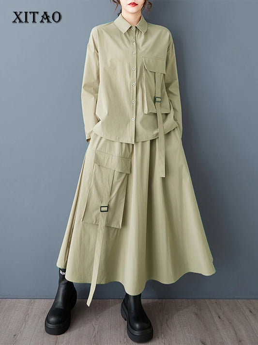 XITAO Single Breasted Pocket Full Sleeve Matching Set Casual Solid Color Elastic Waist Turn-down Collar Female Dress Set GYX1543