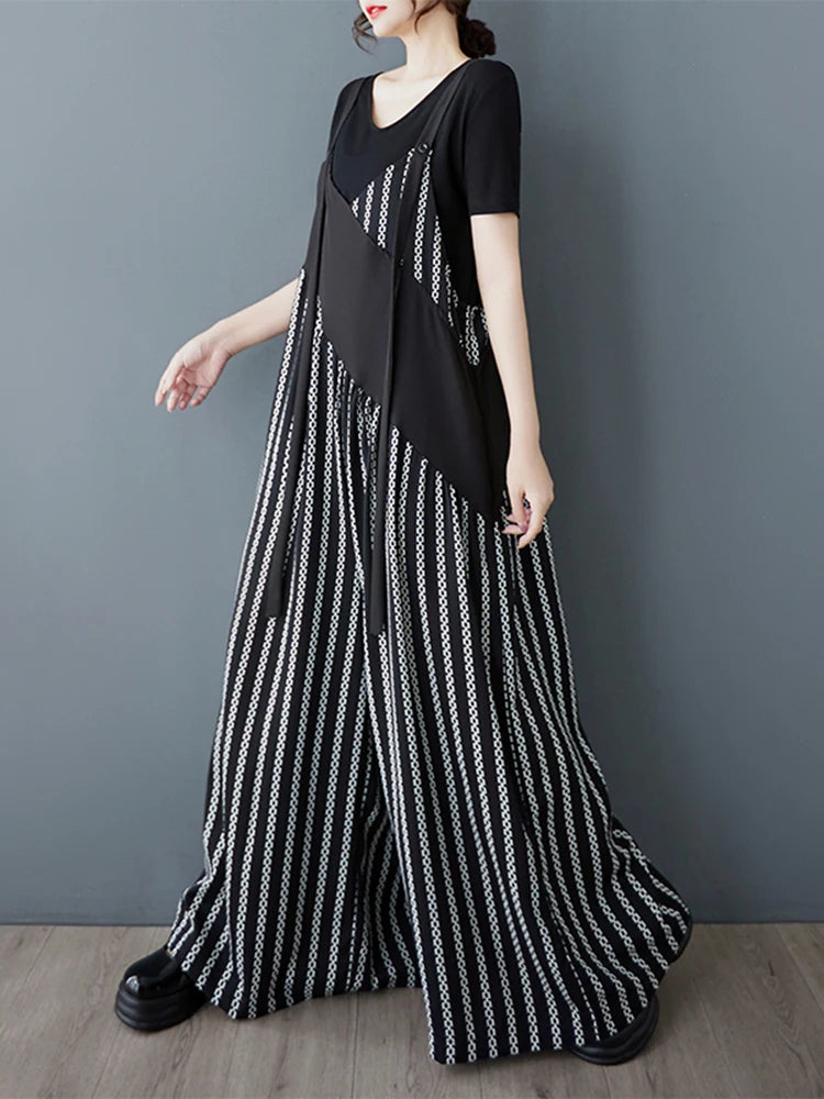 XITAO Contrast Color Patchwork Print Jumpsuits Lace-up V-neck Sleeveless Loose Personality Casual Wide Leg Pants GYX1622