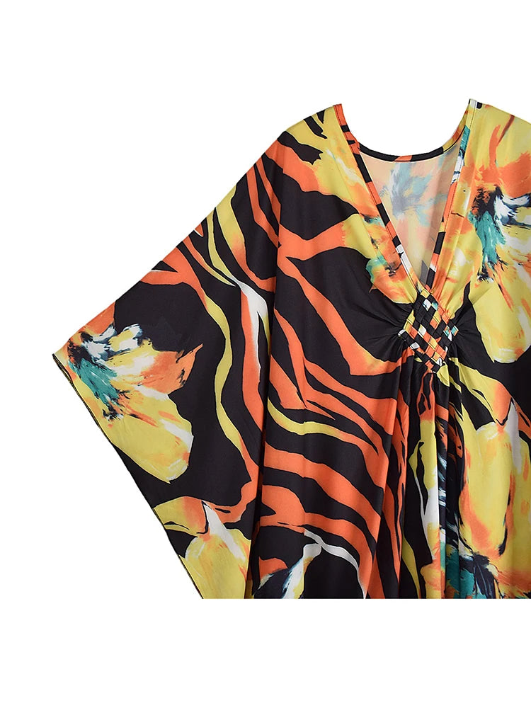 XITAO V-neck Print Loose Dress Bat Wing Sleeve Pullover Casual Full Sleeve Temperament Flower Trend Summer Woman Dress GJ1194