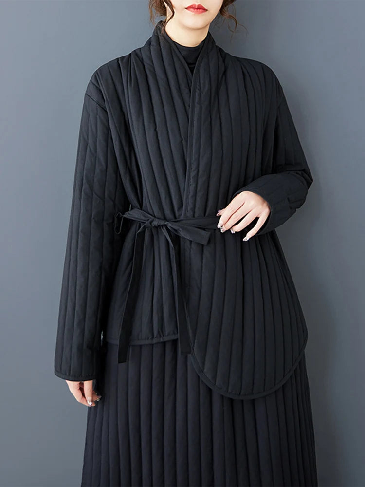 XITAO Irregular Stripe Matching Set Casual V-neck Full Sleeve Elastic Waist Solid Color Mid-calf Winter Women Dress Set GMM1296