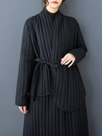 XITAO Irregular Stripe Matching Set Casual V-neck Full Sleeve Elastic Waist Solid Color Mid-calf Winter Women Dress Set GMM1296