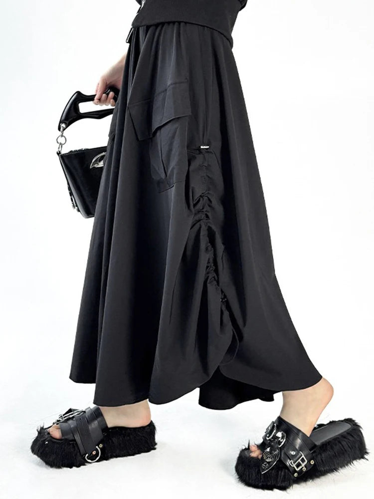 XITAO Bud Pocket Elastic Waist Skirt Casual Loose Fitting A-line Hong Kong New Personality Solid Color Women Skirt ZMY1329