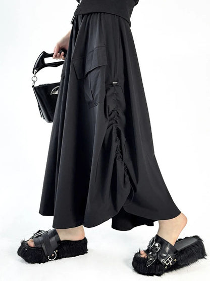 XITAO Bud Pocket Elastic Waist Skirt Casual Loose Fitting A-line Hong Kong New Personality Solid Color Women Skirt ZMY1329