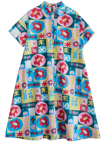 XITAO Print Flower Single Breasted Dress Turn-down Collar Casual New Korea Fashion A-line Short Sleeve Women Dress ZMY1133