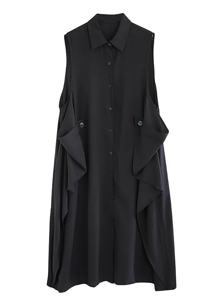XITAO Patchwork Single Breasted Lapel Dress Casual Solid Color Sleeveless Fashion Loose Fitting Sweet Spring Women Dress GYX1530