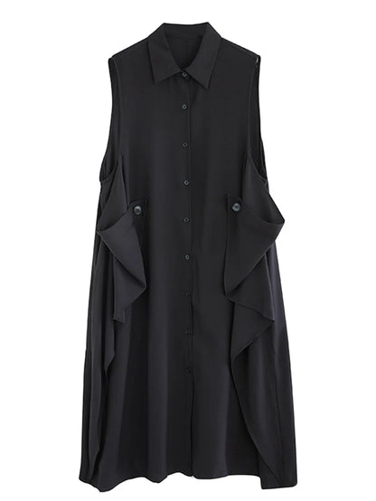 XITAO Patchwork Single Breasted Lapel Dress Casual Solid Color Sleeveless Fashion Loose Fitting Sweet Spring Women Dress GYX1530