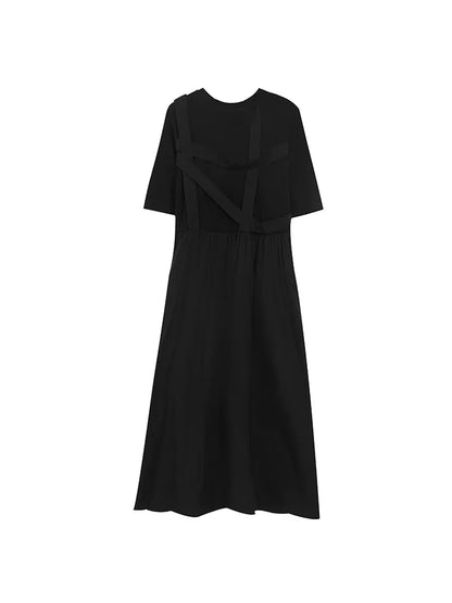 XITAO Bandage O-neck Pleated Dress Short Sleeve Casual Loose Fitting Simple Pullover Slimming A-line Summer Women Dress ZMY1206