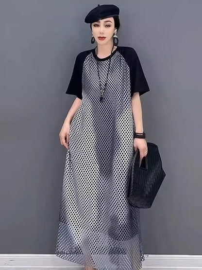 XITAO Hollow Out Patchwork Mesh Grid Dress O-neck Casual Short Sleeve Loose Temperament Pullover Summer Woman Dress ZMY1280