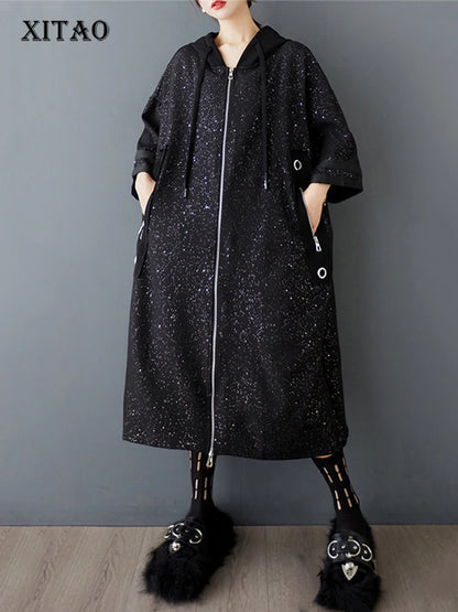 XITAO Loose Zipper Hooded Collar Trench Casual Fashion Big Pocket Women Personality Irregular Patchwork Simple Coat ZMY1156