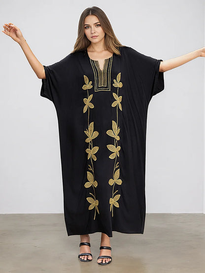 XITAO Embroidery Half Sleeve Loose Female Dress Pullover V-neck Contrast Color Casual Personality Slimming Woman Dress GJ1201