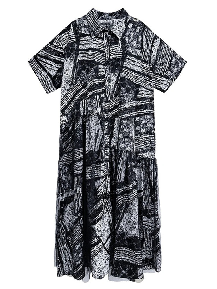 XITAO Print Gauze Patchwork Pullover Women Short Sleeve Dress Turn-down Collar Loose Slimming A-line Casual Dress ZMY1162