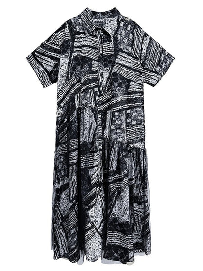 XITAO Print Gauze Patchwork Pullover Women Short Sleeve Dress Turn-down Collar Loose Slimming A-line Casual Dress ZMY1162