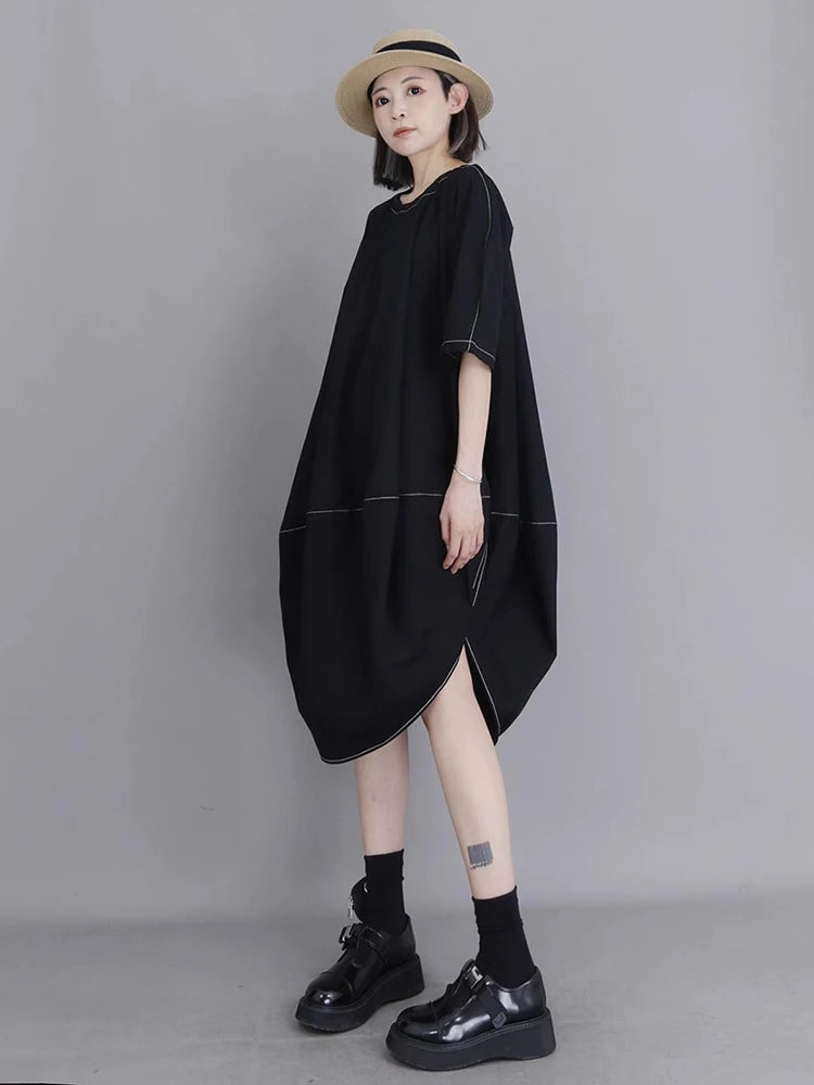 XITAO Irregular O-neck Dress Casual Solid Color Loose Fitting A-line All Match Elegant Personality Summer Female Dress ZMY1370
