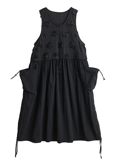 XITAO Pocket Draw String Sleeveless Fenake Dress Three-dimensional Flower Loose O-neck Solid Color Summer Woman Dress ZMY1275