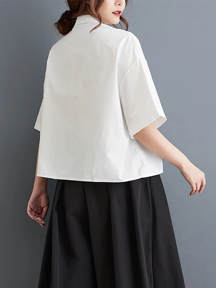 XITAO Embroidery Floral Single Breasted Women Shirt Solid Color Turn-down Collar Short Sleeve Shirt 2024 Summer Vintage HQQ2387