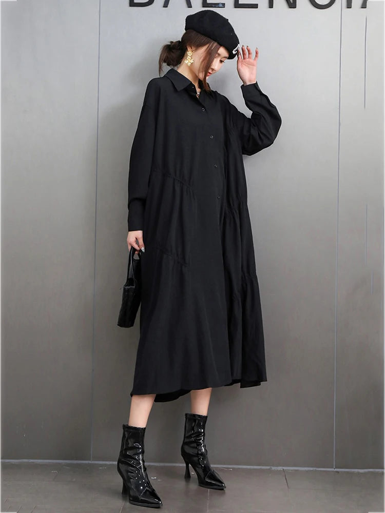 XITAO Pleated Lapel Single Breasted Dress Casual Loose Solid Color Full Sleeve Turn-down Collar Spring Women Dress GYX1582