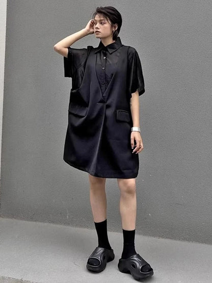 XITAO Pocket Patchwork Dress Solid Color Fake Two Pieces Single Breasted Short Sleeve Temperament Summer Woman Dress ZMY1309