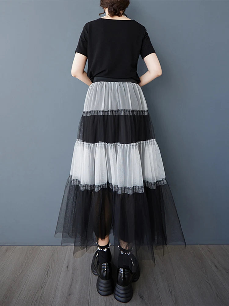 XITAO Gauze Patchwork Contrast Color A-line Skirt Elastic Waist Loose Temperament Casual Slimming Summer Women Skirt ZMY1065
