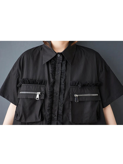 XITAO Zipper Pocket Patchwork Gauze Dress Contrast Color Turn-down Collar Short Sleeve Temperament Female Shirt Dress ZMY1354
