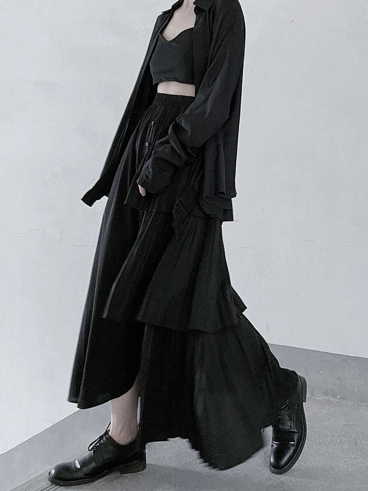 XITAO Folds Irregular Button Skirt Personality Ruffles Patchwork Women Simple Solid Color All-match Elastic Waist Skirt ZMY1077