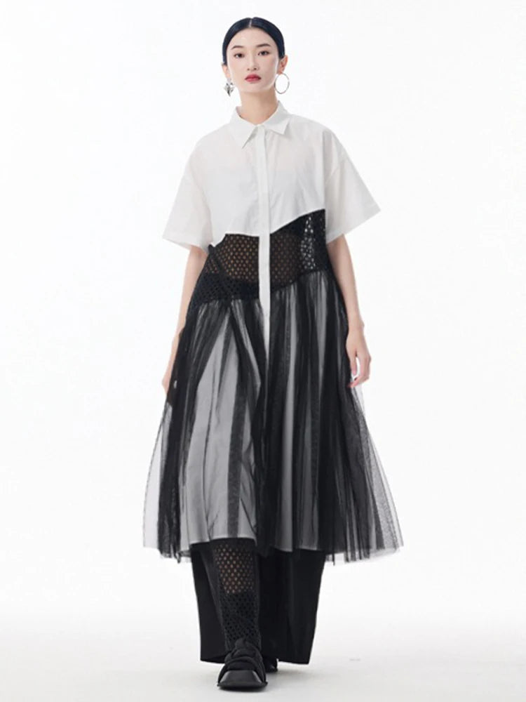 XITAO Patchwork Mesh Lapel Hollow Out Dress Casual A-line Short Sleeve Single Breasted Turn-down Collar Female Dress GYX1583