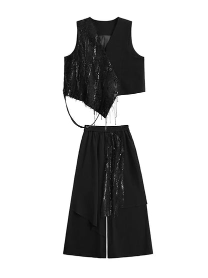 XITAO Sequins Patchwork Sleeveless Pant Sets Irregular Single Breasted V-neck Vest Elastic Waist Pocket Loose Pant ZY8939