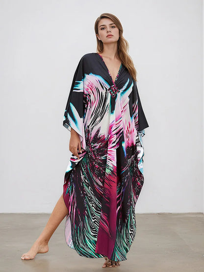 XITAO Print Pullover V-neck Dress Bat Wing Sleeve Vintage Temperament New Arrival Fashion Irregular Summer Woman Dress GJ1203