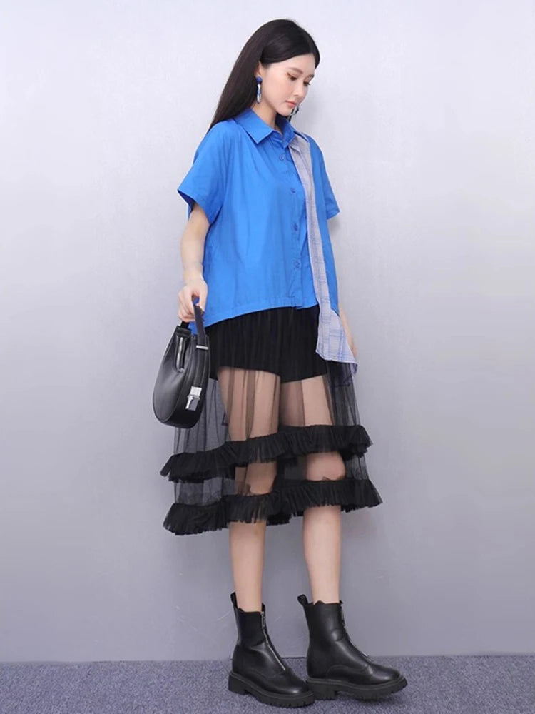 XITAO Gauze Irregular Contrast Color Dress Patchwork Turn-down Collar Single Breasted Casual Loose Summer Woman Dress ZMY1395