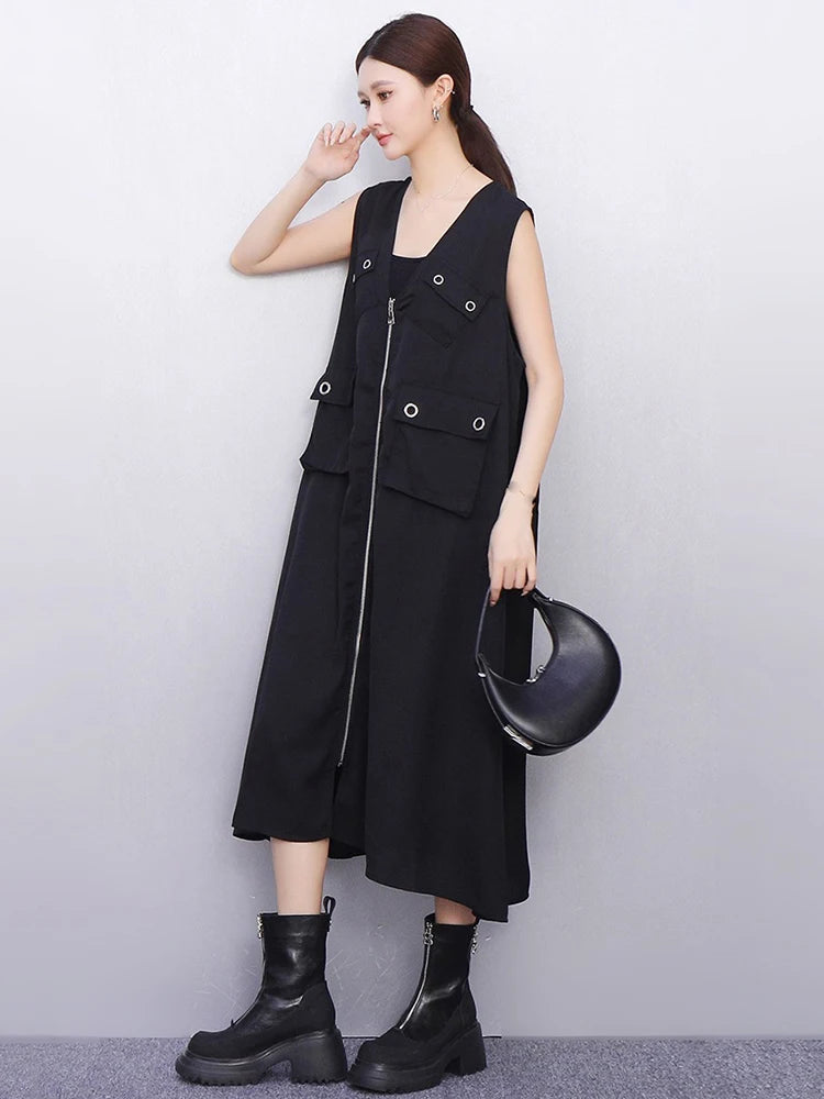 XITAO Sleeveless Patchwork Dress Pocket Solid Color Zipper Loose New Arrival A-line V-neck Elegant Summer Woman Dress ZMY1363