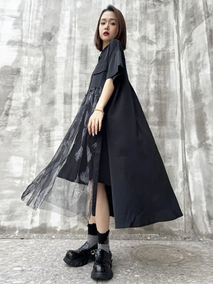 XITAO Mesh Patchwork Loose Female Dress Casual Turn-down Collar Single Breasted Women Summer Korea A-line Shirt Dress ZMY1081