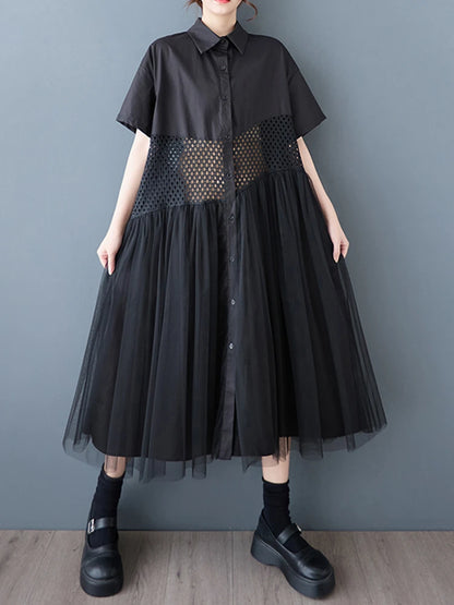 XITAO Patchwork Mesh Single Breasted Dress Casual Solid Color A-line Sweet Short Sleeve Turn-down Collar Female Dress GYX1566
