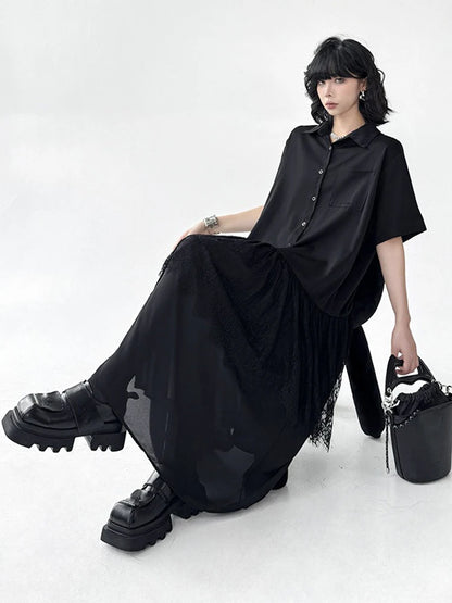 XITAO Lace Patchwork Gauze Single Breasted Dress Solid Color Turn-down Collar Short Sleeve Loose Women Slimming Dress ZMY1249