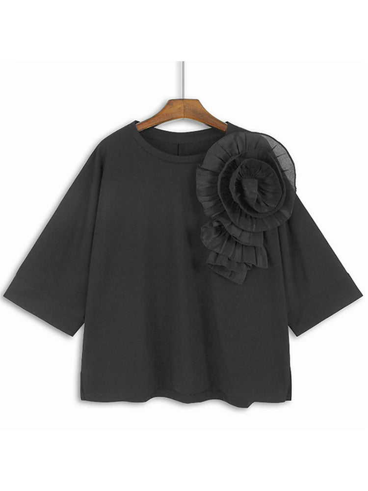 XITAO Three-dimensional Decoration Floral T-shirt O-neck Half Sleeve Solid Color Personality Casual Loose T-shirt Top LYD1892