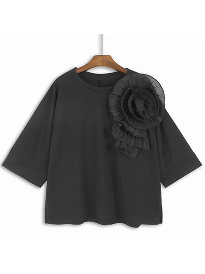 XITAO Three-dimensional Decoration Floral T-shirt O-neck Half Sleeve Solid Color Personality Casual Loose T-shirt Top LYD1892