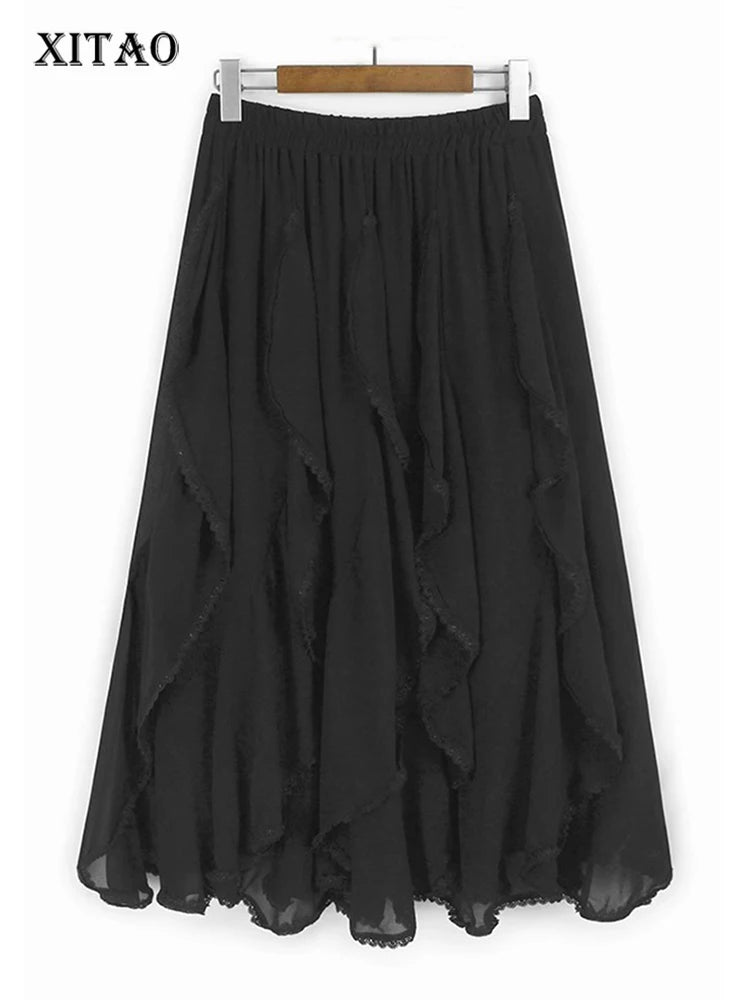 XITAO Ruffles Irregular Skirt Solid Color Mesh Patchwork All-match Women Loose A-line Elastic Waist All-match Skirt GYX1639