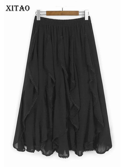 XITAO Ruffles Irregular Skirt Solid Color Mesh Patchwork All-match Women Loose A-line Elastic Waist All-match Skirt GYX1639