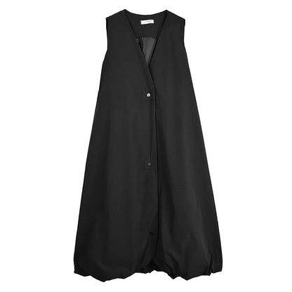 XITAO Single Breasted V-neck Sleeveless Dress Casual Solid Color A-line New Arrival Personality Simple Spring Dress HQQ2449