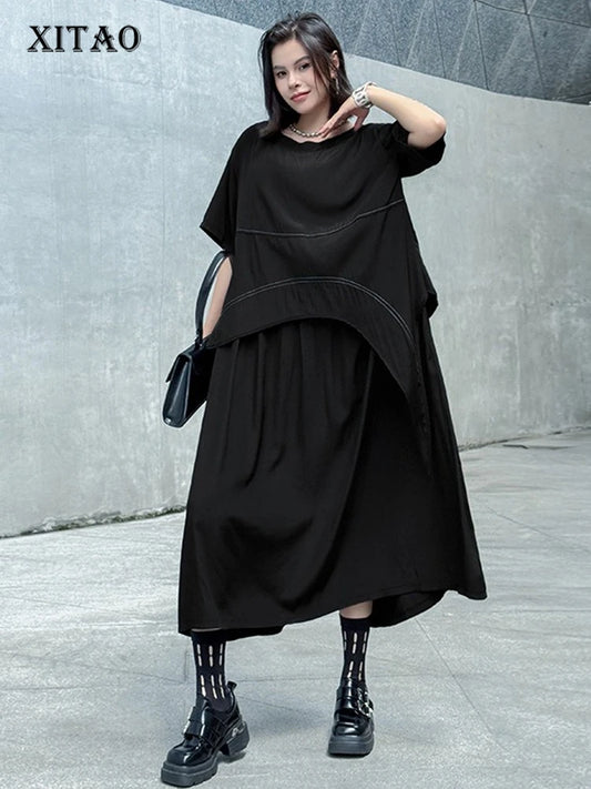 XITAO Patchwork Solid Color Loose Dress O-neck Short Sleeve A-line Pullover Slimming Temperament Summer Woman Dress ZMY1379