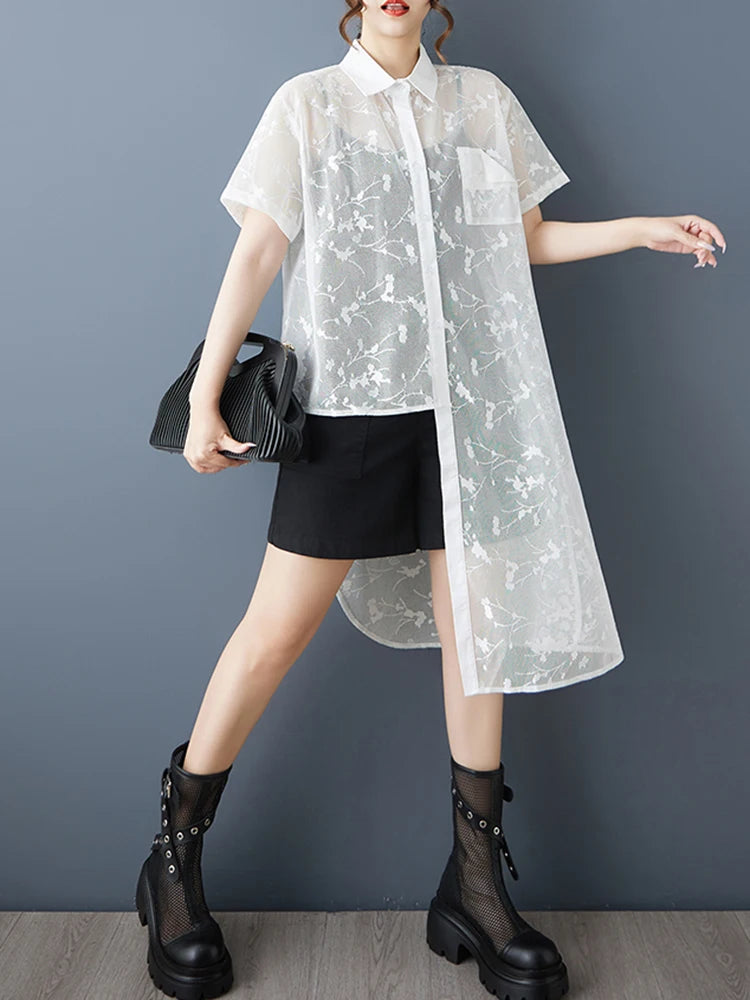 XITAO Asymmetrical Turn-down Collar Dress Single Breasted Solid Color A-line Patchwork Mesh New Summer Women Dress ZMY1360