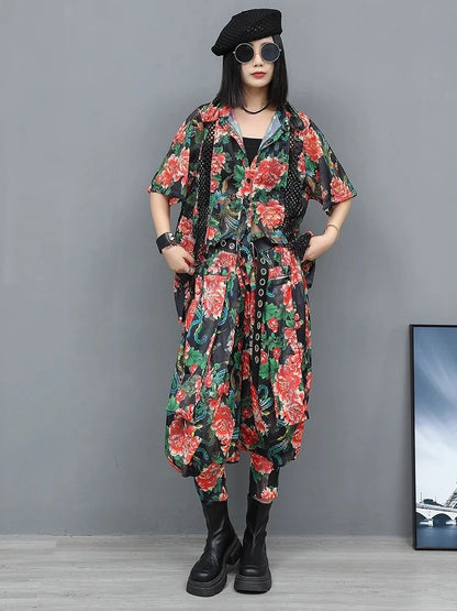 XITAO Hollow Out Asymmetrical Print Sets Turn-down Collar Loose Short Sleeve Personality Elastic Waist Woman Sets GYX1664
