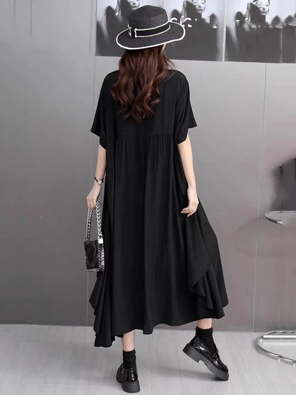 XITAO Irregular O-neck Loose Dress Solid Color Short Sleeve Patchwork Simple Casual Elegant All-match Summer Woman Dress ZMY1381
