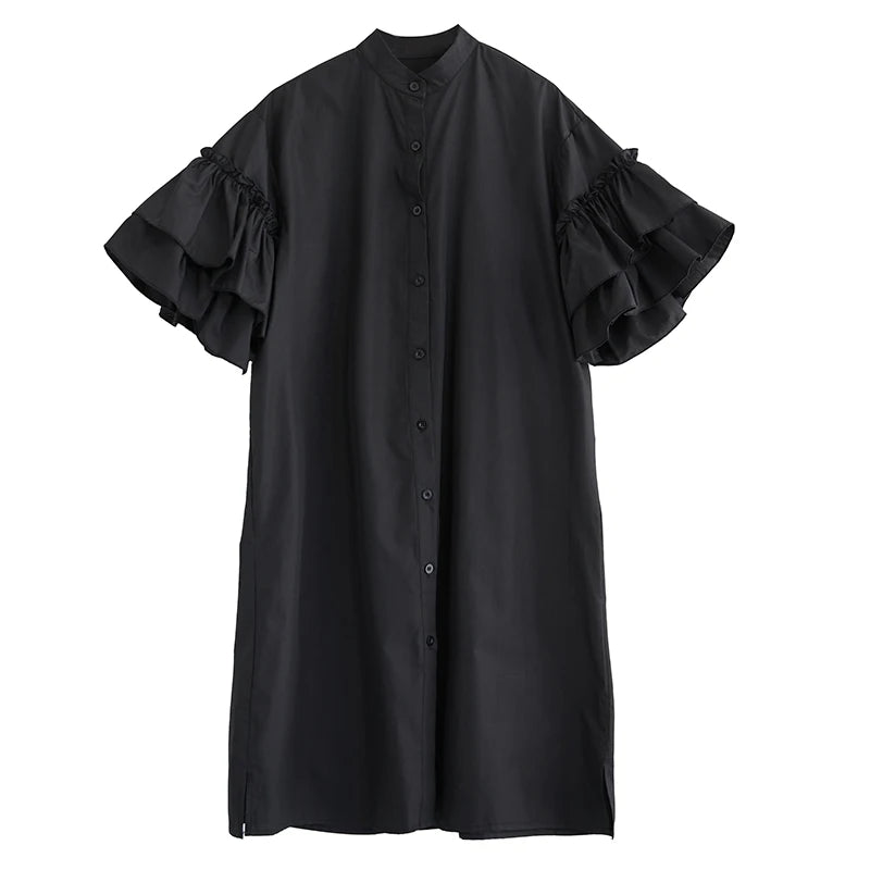 XITAO Ruffles Sleeve Single Breasted Dress New A-line Mid-calf Stand Collar O-neck Solid Color Summer Female Dress GMM1328