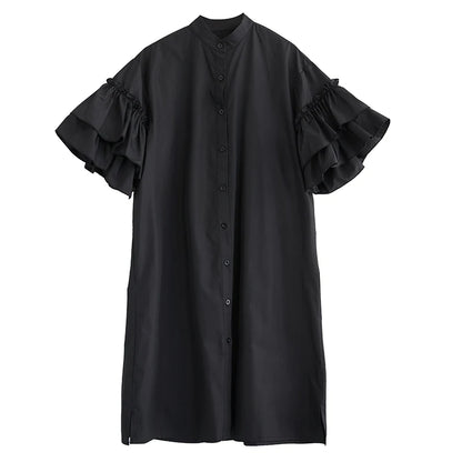 XITAO Ruffles Sleeve Single Breasted Dress New A-line Mid-calf Stand Collar O-neck Solid Color Summer Female Dress GMM1328