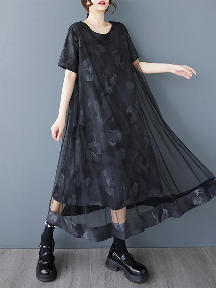 XITAO O-neck Mesh Patchwork Print Dress Loose Slimming Temperament Elegant Women Summer Short Sleeve Casual Dress HQQ2485