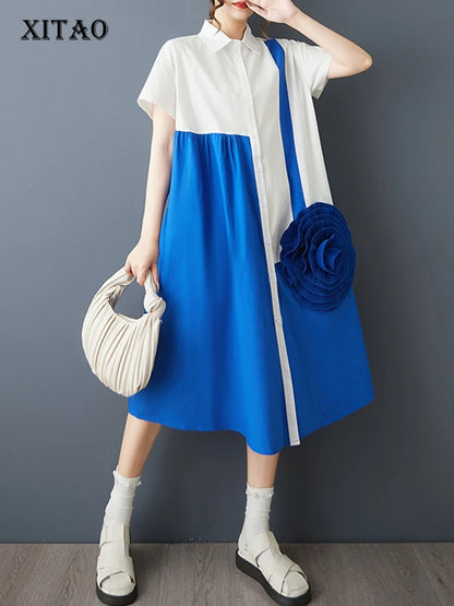 XITAO Patchwork Contrast Color Women Dress Casual Turn-down Collar Sweet Short Sleeve Temperament Summer Female Dress ZMY1361