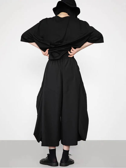 XITAO Solid Color Pleated Elastic Waist Pants Pocket Patchwork All Match Slimming Casual Fashion Loose Ankle-length Pants ZY8944
